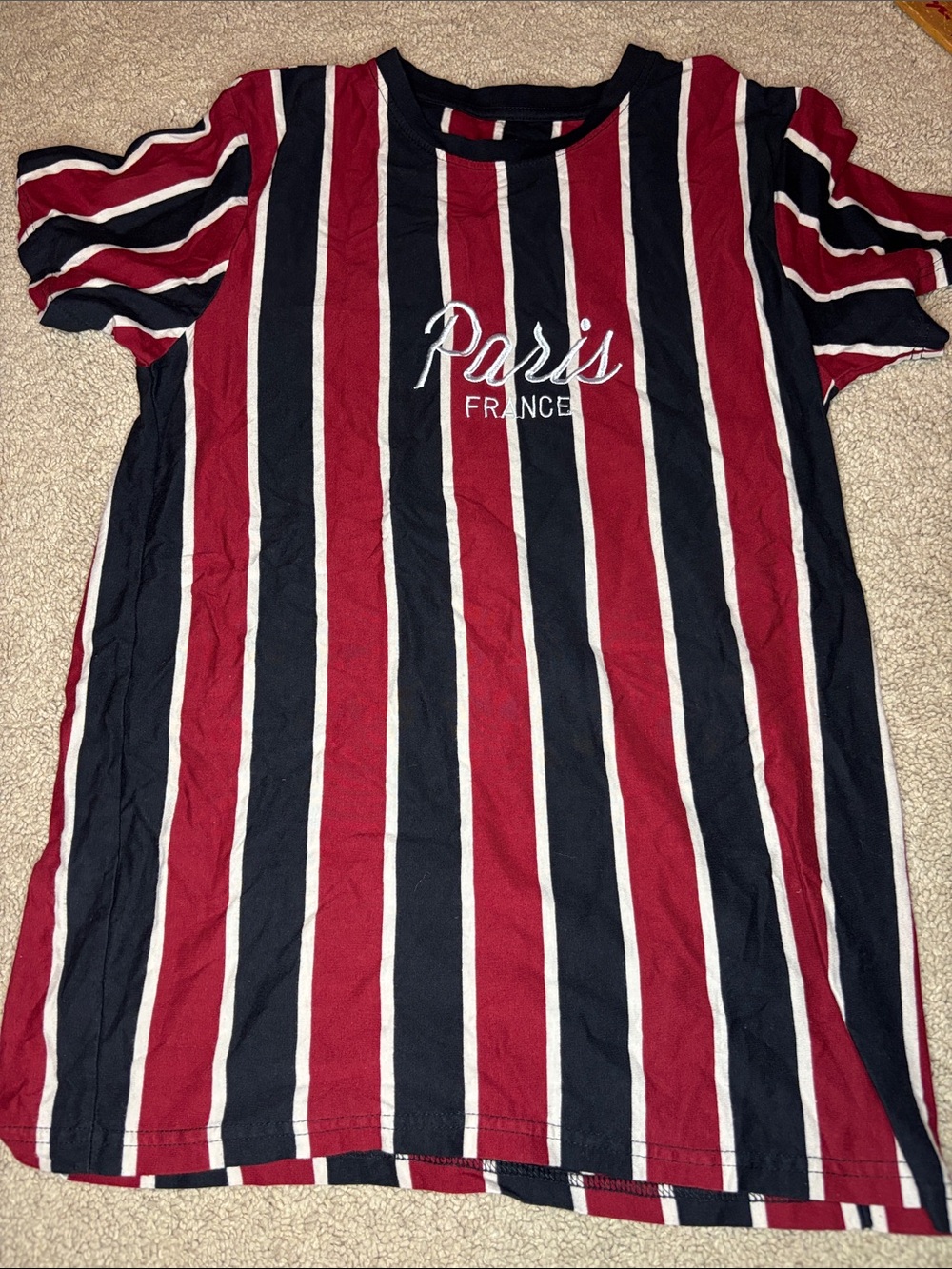 Paris France Striped Short Sleeve Tee - Burgundy, Navy & White